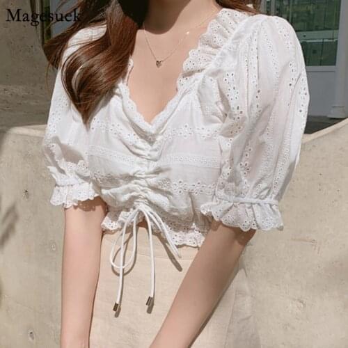 2021 Summer Women Blouses Short Sleeve Crochet Flower Lace White Shirt Women Drawstring V Neck Female Tops Blusas Mujer 15402