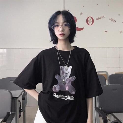 Female Korean Harajuku Cute Bear Print Vintage Top Womens T-shirts Tops Japanese Kawaii Ladies Ulzzang Clothes For Women