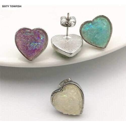 SIXTY TOWFISH Alloy stud Ear Heart Shape Resin Stone With Butterfly Clasp Push Back Earring For Women Men Stud Earrings
