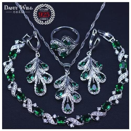 2018 New Green Crystal Silver Color Jewelry Sets For Women Drop Earrings Bracelet Rings Necklace Pendant