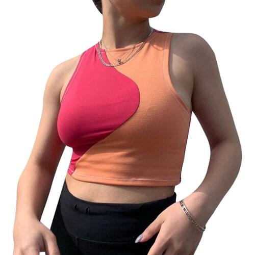 Womens Patchwork Color Tank Tops Y2K Sexy Sleeveless Crew Neck Patchwork Slim Fit Crop Tops 90s Girls Camis Streetwear