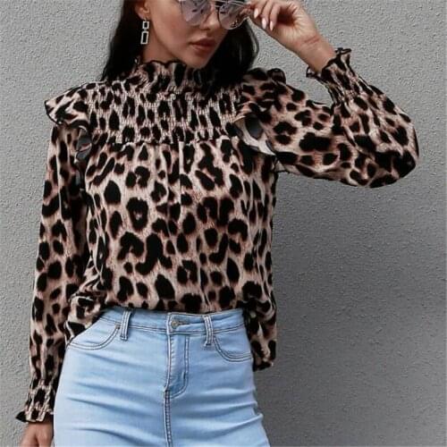 Summer Long Sleeve Blouse Women Autumn Spring High Neck Shirts Office Work Blouse Solid Vintage Blouse Leopard Printed Shirts