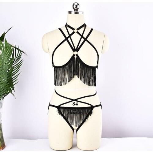 Gothic Black Tassels Bondage Body Harness Set Fetish Wear Tops Body Cage Harness Bra Harajuku Tassels Panties G-string Briefs