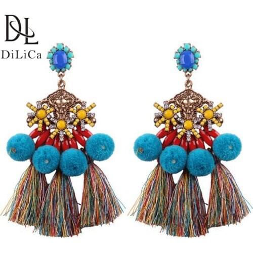 DiLiCa Fashion Long Tassel Earrings for Women Vintage Rhinestone Earrings Dangle Jewelry Female Bohemian Earring
