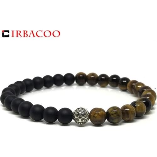 IRBACOO 2020 Trendy Luxury Men Bracelet Sterling Sliver Beads Old Charm With Tiger Eyes & Matte Stone For Men Jewelry Gift
