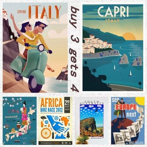 Italy Africa Australia Europe World City Tour Travel Vintage Landscape coated Poster Print wall sticker Art Painting Home Decor