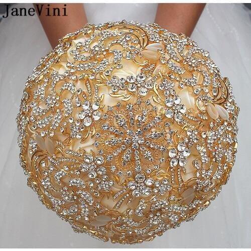 JaneVini 2020 Luxury Gold Bridal Bouquets for Wedding Party Full Diamond Crystal Artificial Satin Rose Women Wedding Accessories