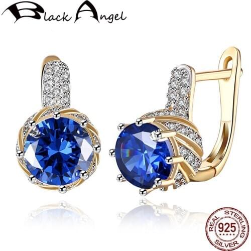 BLACK ANGEL Elegant Royal Sapphire Amethyst Gemstone Clip Earrings 925 Sterling Silver Jewelry for Women Wholesale Dropshipping