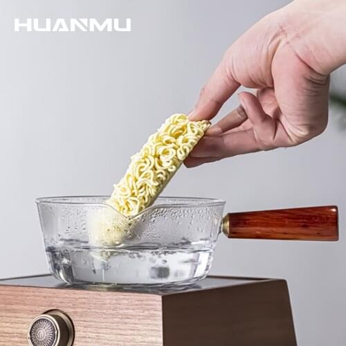Transparent Ramen Instant Noodle Bowl Long Wooden Handle Heat-Resistant Glass Bowl Household Heatable Fruit Dessert Salad Tool