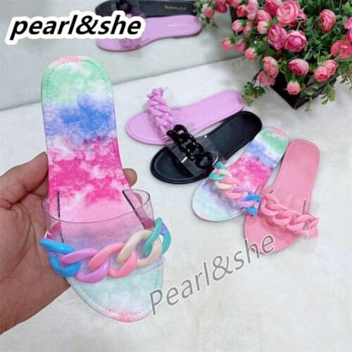Fashion sexy roman style transparent chain decoration flat outdoor female slippers 2021 summer new style Plus Size Beach Slipper