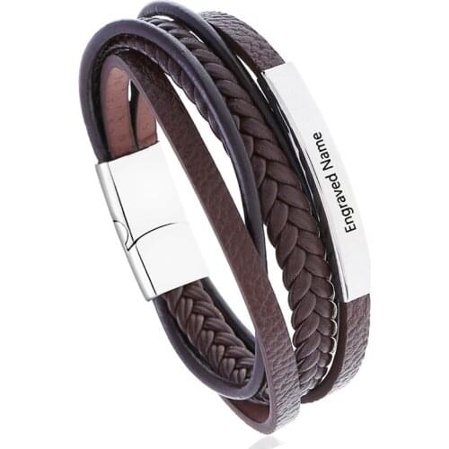 Fashion Custom logo Name Engrave Leather Bangle & Bracelet Brown Stainless Steel Bracelets For Women Men ID Bracelet Jewelry
