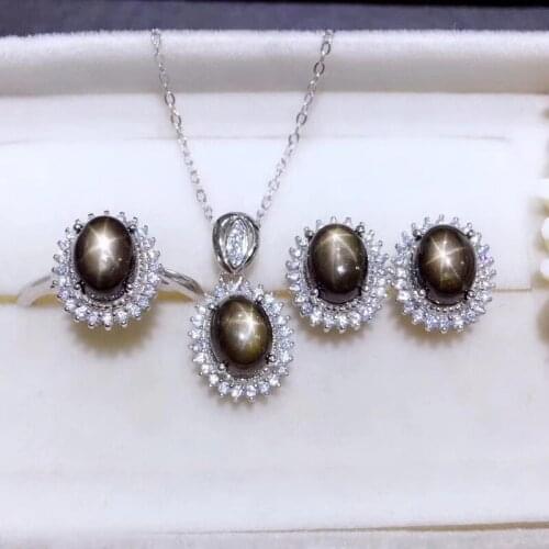 Natural Star Sapphire Ring Earrings Pendant Necklace Set S925 Sterling Accessaries Fine Fashion Charming Jewelry for Women