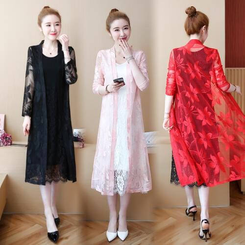 Lace Cardigan Women Summer Long Shirt Korean Fashion Ladies Black White Pink Red Kimono