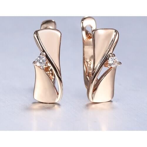Vintage 585 Rose Gold CZ Stud Earrings for Women Girls Cute Geometric Hollow Wedding Trendy Jewelry GE325