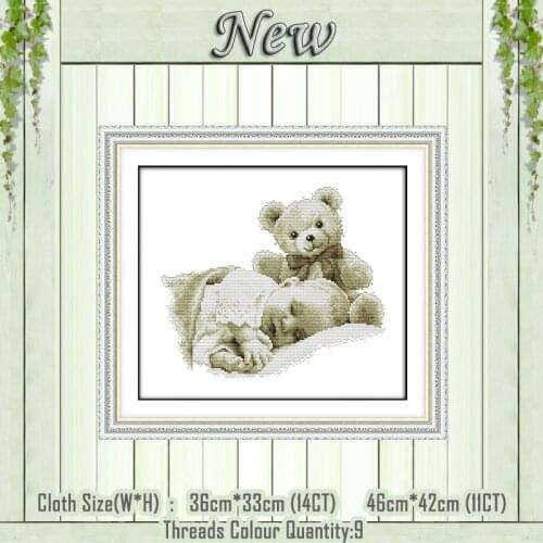 Sleeping boy and doll baby decor diy painting Counted Print on canvas DMC 14CT 11CT Cross Stitch Needlework Kits Embroidery Sets