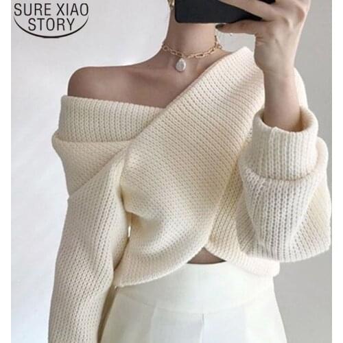 Elegant Autumn and Winter Sweaters Women Pullovers Korean Fashion V-Neck Sexy Off Shoulder Sweater Knitted Casual Tops 16540