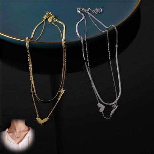 Titanium Steel Jewelry New 2 Layer Heart Love Snake Chain Pendant Necklace Women