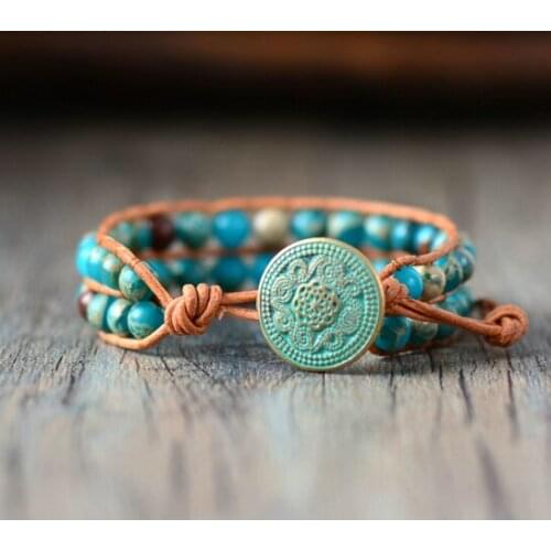 Bohemian Bracelet High End 6MM Natural Stone Genuine Leather Wrap Cuff Bracelets Handmade Ethnic Bracelets Christmas Day Gifts