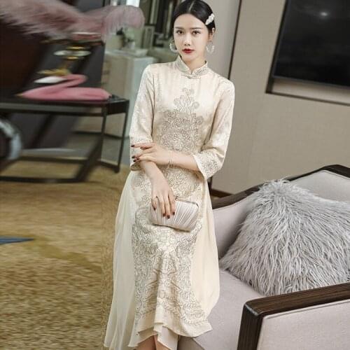 Spring Clothes For Women Fine Jacquard Embroidered Mandarin Collar 3/4 Sleeve Retro Chinese Style Classy Beige Dress Midi S-XXL