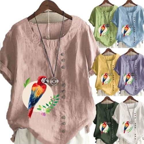 Womens New Fashion Summer Parrot Prined Round Neck Short Sleeve T-shirt Casual Loose Solid Color Blouse Tops Plus Size