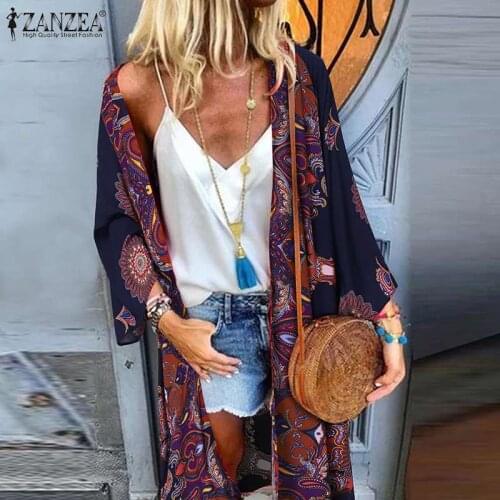 ZANZEA Women Vintage Floral Printed Blouse Cardigans Summer Bohemian Beach Coverups Holiday Long Tops Open Front Shirt Kimono 7