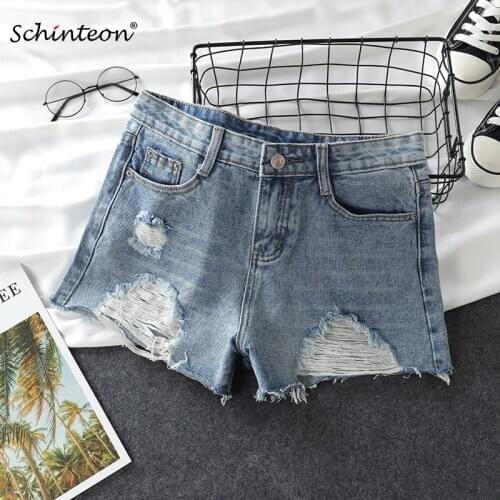 Schinteon Women Denim Shorts Casual Loose Ripped Hole Light Blue Summer Shorts Plus Size Jeans Size 26-40 New