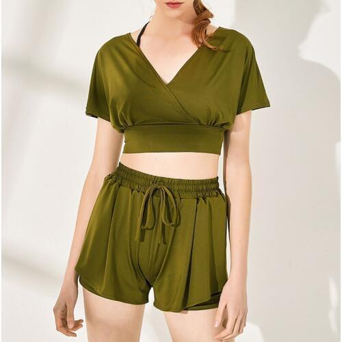 Women Sports Suits V Neck Losse Yoga Dance Shirt High Waist Running Shorts Gym Fitness Sport Crop Top Workout Sportswear X341B