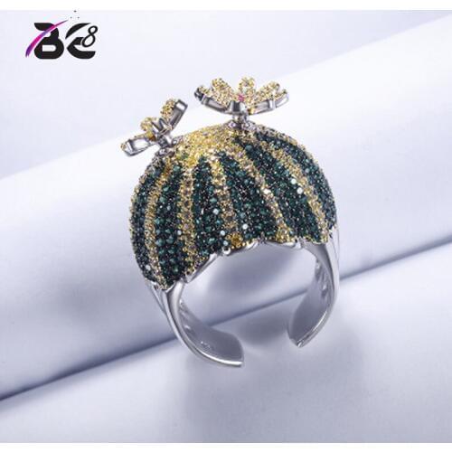 Be 8 Fashion New Style Adjustable Green CZ Cactus Ring for Women Fashion Jewelry Prickly Pear Finger Rings R117