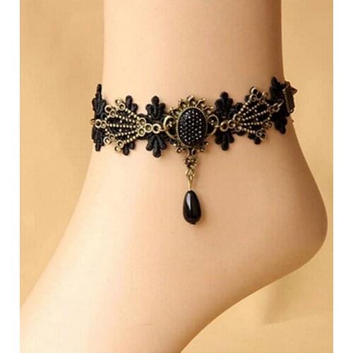2021 New Women Vintage Retro Fashion Sexy Black Floral Lace Anklet Chain Ankle Sandal Bracelet Foot Barefoot Party Gift Dating