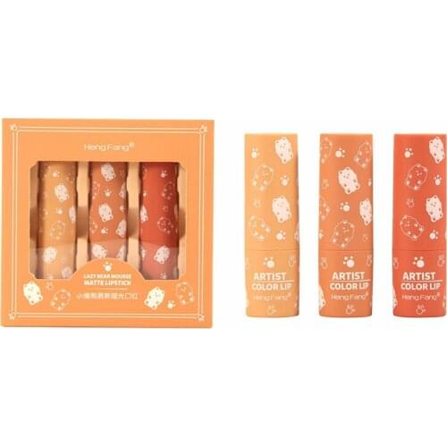 3PCS Lipstick Velvet Matte Lipstick Waterproof Long Lasting Lipstick Pen Cute Bear Mousse Lipstick Lip Makeup Kit TSLM1