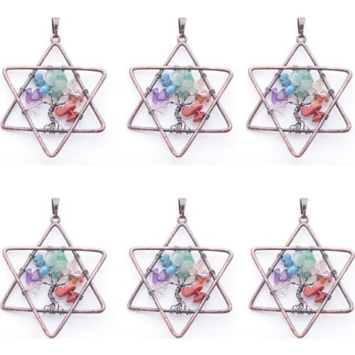 6Pcs/Lot 7 Chakra Reiki Tree of Life Pendants Women Man Jewelry Natural Chips Gem Stone Five Pointed Star Metal Copper TN3810