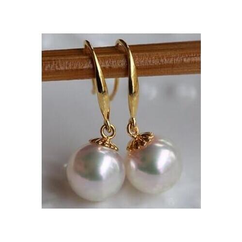 Free Shippng charming 9-10mm natural south sea white pearl earring14k