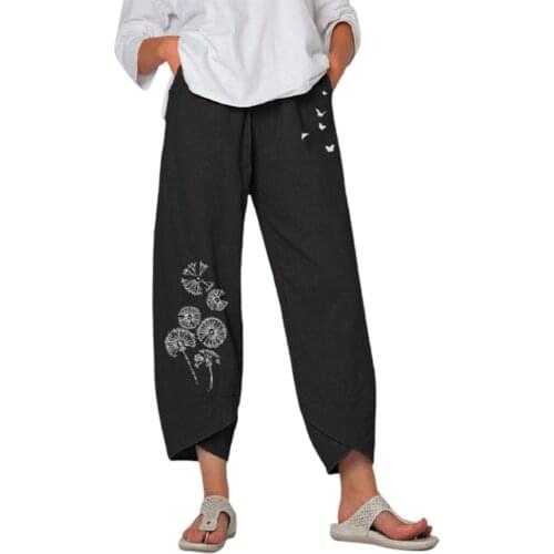 Women Casual Harem Pants Summer Elastic Waist Wide Leg Pants Vintage Floral Printed Trousers Female Loose Pantalon