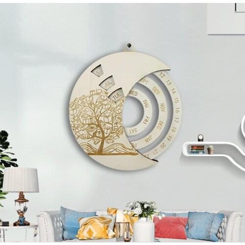 2021 Home Decoration Retro Wooden Wall Calendar Decoration Year Calendar Moon Noric Rotatable Circular DIY Hand-Carved Calendar
