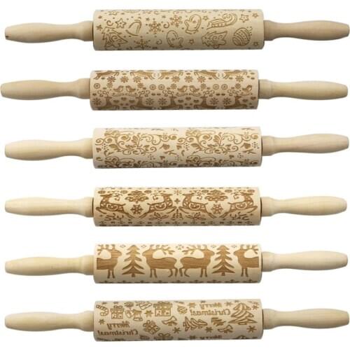 -Leaf Christmas Deer Wooden Rolling Pin Embossing Baking Cookies Noodle Biscuit Fondant Cake Dough Kitchen Pastry Tool