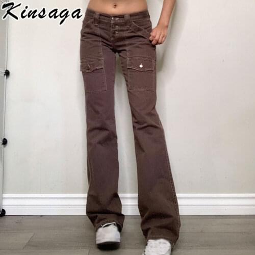 Vintage Brown Low Rise Baggy Pants Mom Jeans Y2k Urban Buttons Up Cargo Pants Women Streetwear Pockets Patchwork Straight Jeans