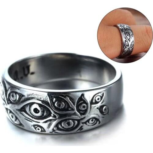 Vintage Demon Eye Ring Ancient Silver Color Punk Hip Hop Monster Engraved Finger Rings for Women Men Fashion Jewelry Gift