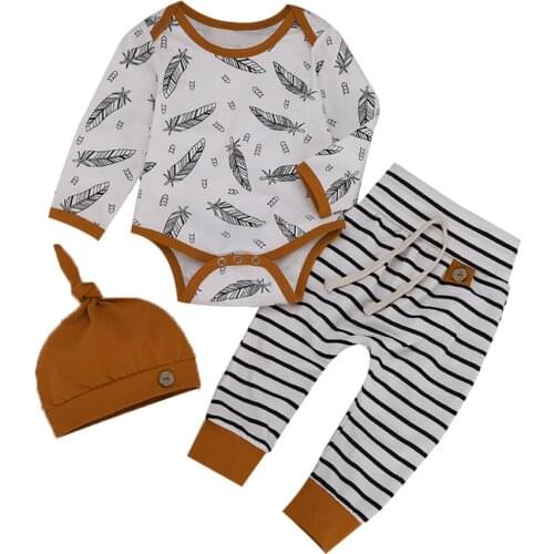 Newborn Kid Baby Boy Girl 0-24M 3pcs Clothes Jumpsuit Romper Long Pants Hat Outfit Set