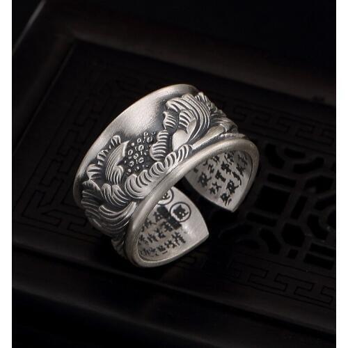 100%S999 pure silver peony flower heart through sterling silver retro personality frosted opening men and women ring