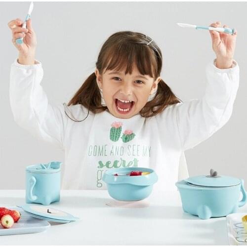 Childrens Tableware Set 6pcs Baby Feeding Bowl Spoon Fork Toddler Dishes Dinnerware Sets Suction Cup Plate Kids Spoons BPA Free