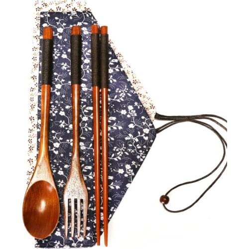 Japanese Style Japanese Style Set Wooden Cloth Bag Chopsticks Spoon Fork Travel Portable Three-piece Tableware LZ