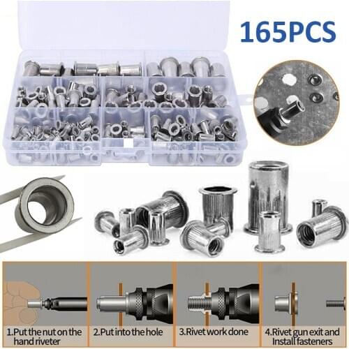 165pcs Rivet Nuts Kit Stainless Steel Flat Head Rivet Nut Box Blind Rivet Set M3 M4 M5 M6 M8 M10 Steel Rivnut Nutsert Kit