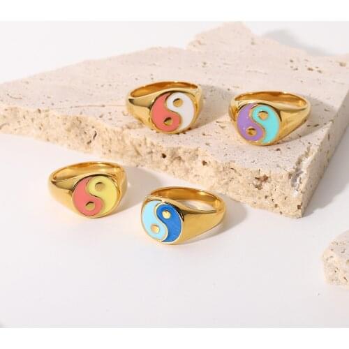 New Vintage Gold Tai Chi Ring Real Gold Plated Stainless Steel Black White Yin Yang Gossip Rings For Women Men Fashion Jewelry