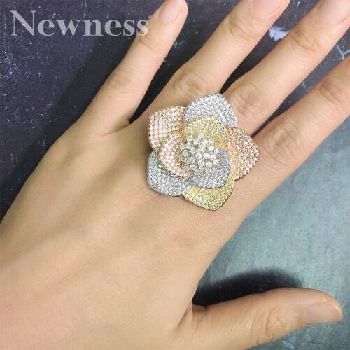 Newness Luxury Bloom Flower Cubic Zirconia Engagement Dubai Naija Bridal Cocktail Finger Resizable Ring