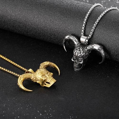 Horns Skull Men Pendant Necklace Punk Stainless Steel Choker Box Chain Around The Neck Men Fashion Jewelry Accessories 2021