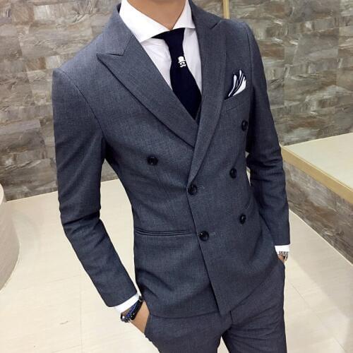 Jacket + Pants ) New High-end Brand Solid Color Formal Business Double-breasted Boutique Mens Suit / Wedding Banquet Men Suits