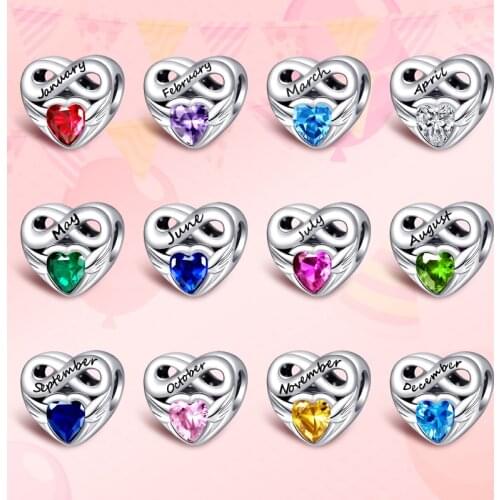 La Menars Birthstone Angel Wings Heart Bead Fits Original Womens Pandora Charm Bracelet 925 Sterling Silver