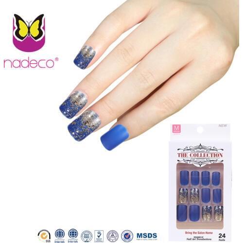 Full Cover Glitter Powder Nail Tips Bueatiful Blue Color Matte Nails