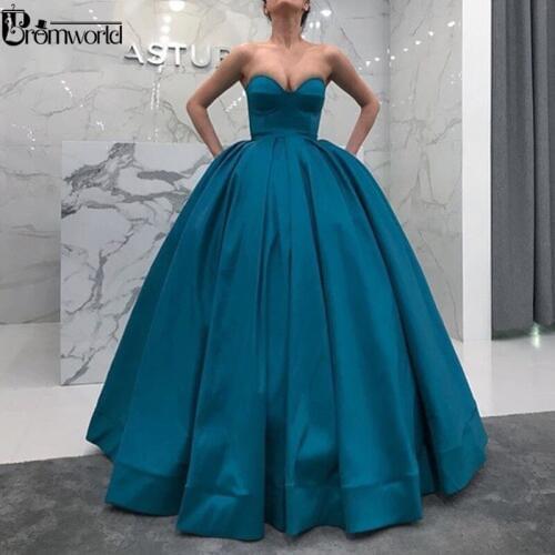 Simple Turquoise Ball Gown Prom Dresses Long 2020 Off Shoulder Sweetheart Satin Elegant Evening Dress with Pockets Prom Gowns