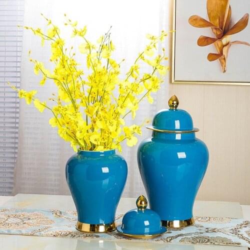 Luxury Blue Purple Green Ceramic Farmhouse Home Decoration Gold Rim Lid Vase Ceramic Ginger Jars